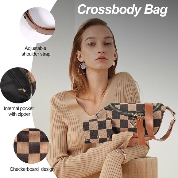 Stylish Checkerboard Crossbody Bag for Women - Spacious Fanny Pack with Pouches - Picture 5 of 6
